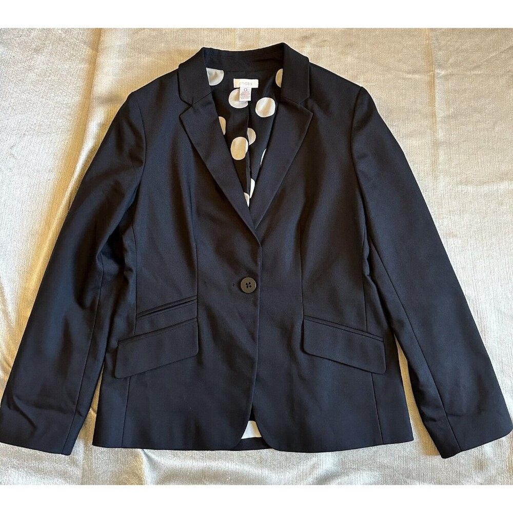Chicos Womens 0 Black 1 Button Blazer Polka Dot Print Lined Polyester Blend‎
